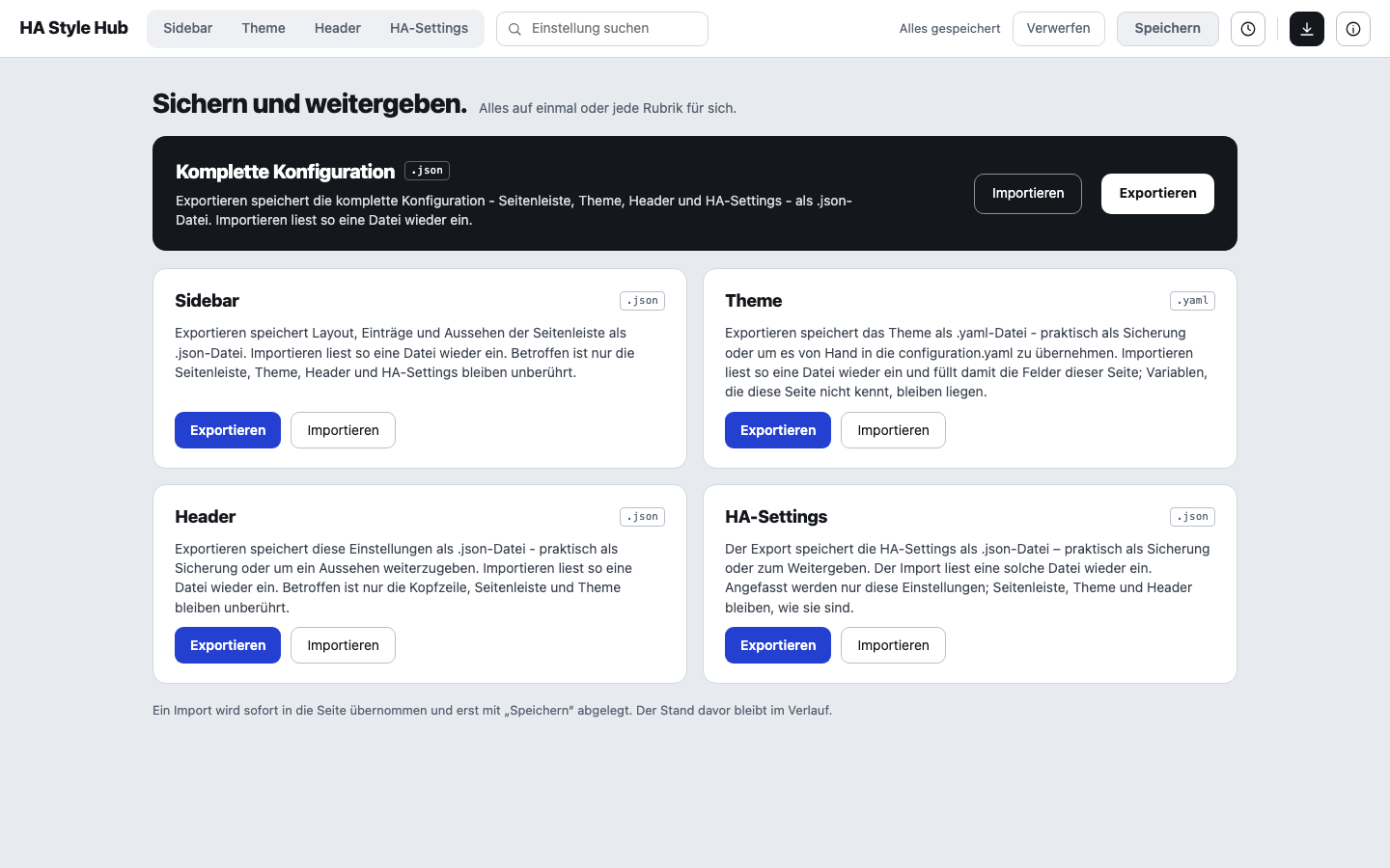 Export and import page