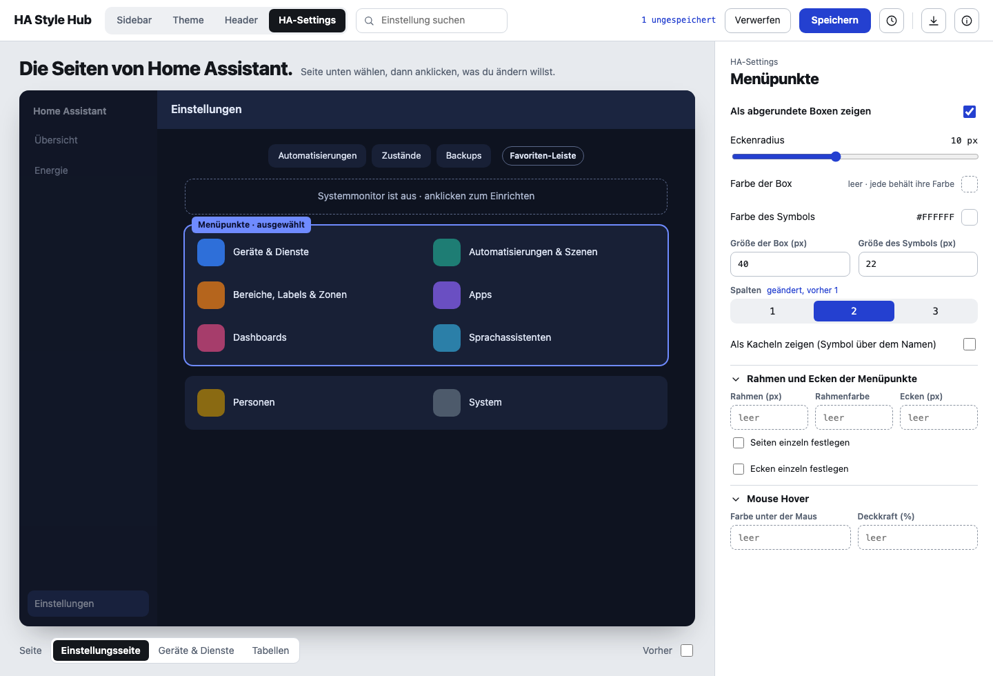 HA-Settings page: model of the Settings page of Home Assistant