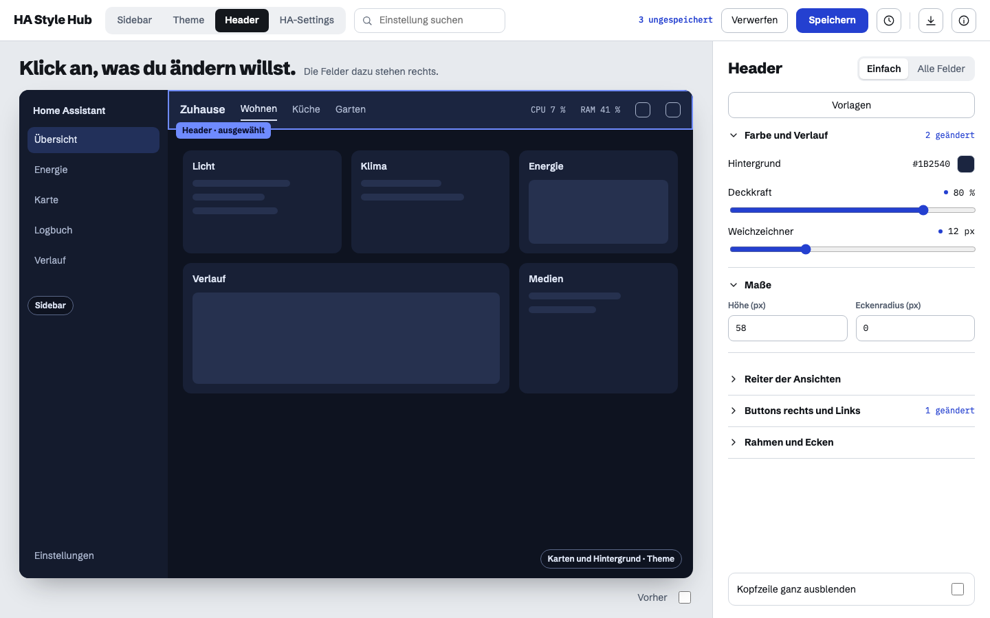 Header page: model of the dashboard header and its fields