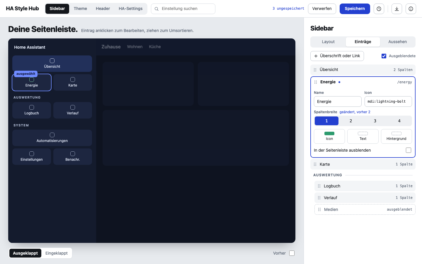 Sidebar page: model of the sidebar on the left, fields of the selected entry on the right
