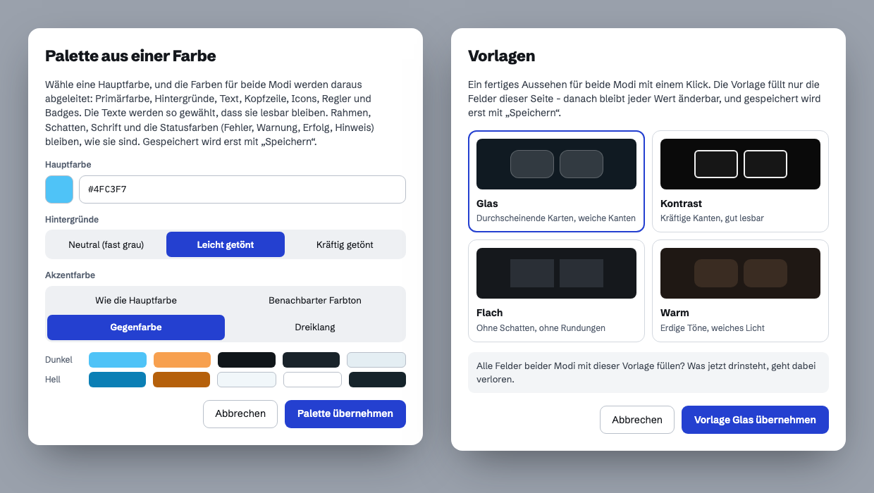Theme dialogs: choose a palette from one color, and templates