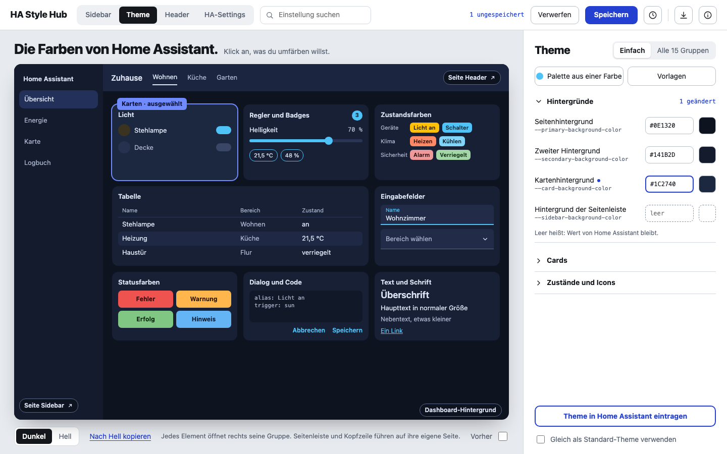 Theme page: model of Home Assistant with every colourable element and the variable fields